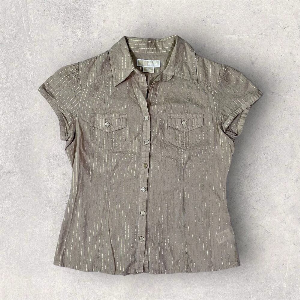 MK Women's Beige Button-Down Gold Stripe Shirt Short Sleeve Lightweight